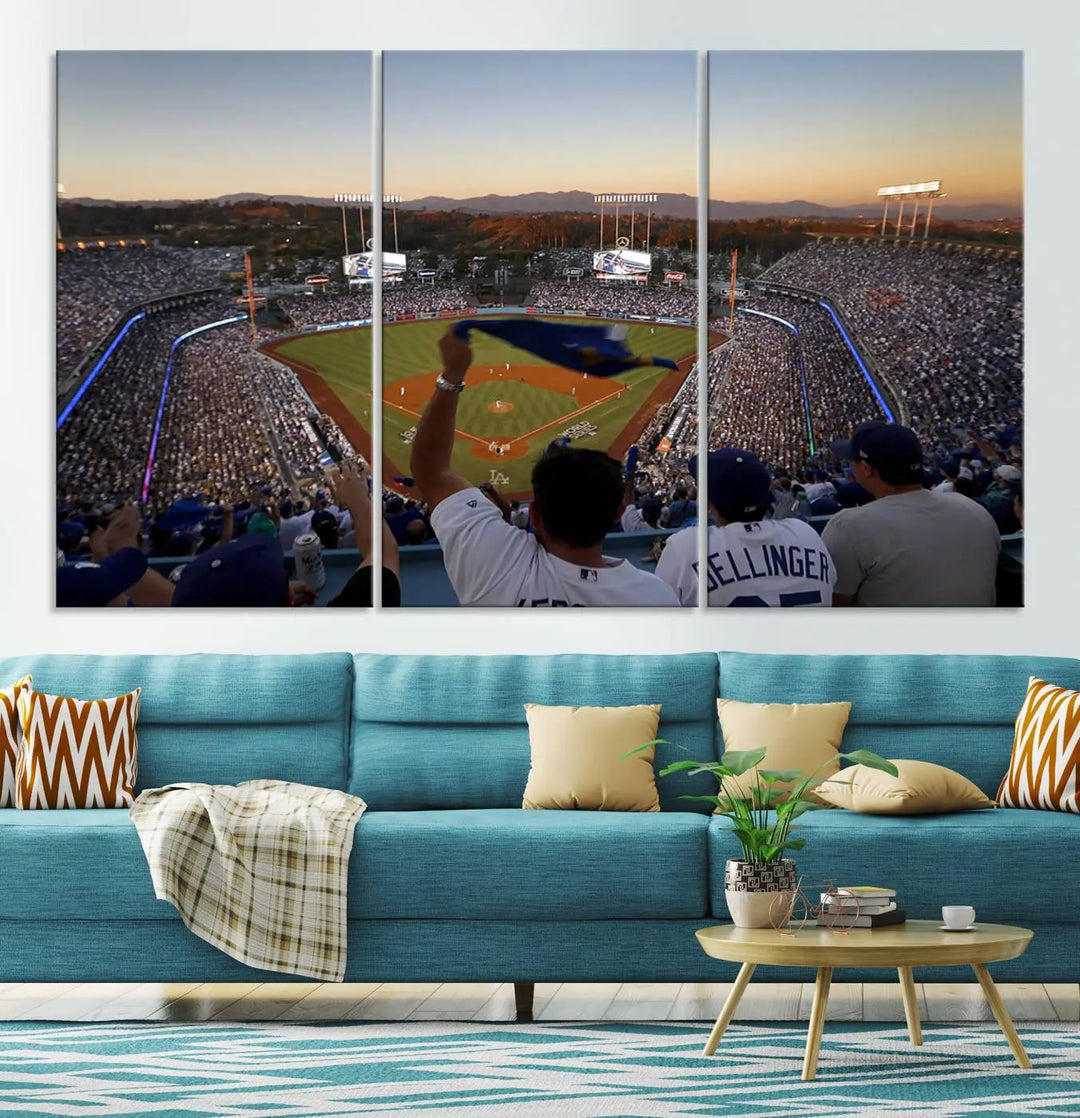 Experience the vibrant moment captured in the Dodger Stadium Sunset Game Triple Canvas Wall Art. This stunning three-panel piece showcases a breathtaking scene from a Los Angeles Dodgers MLB game during sunset, complete with cheering fans in the background.