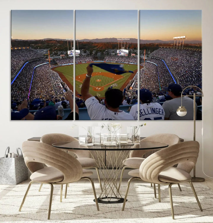 Experience the vibrant moment captured in the Dodger Stadium Sunset Game Triple Canvas Wall Art. This stunning three-panel piece showcases a breathtaking scene from a Los Angeles Dodgers MLB game during sunset, complete with cheering fans in the background.