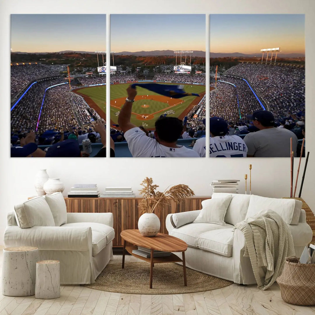 Experience the vibrant moment captured in the Dodger Stadium Sunset Game Triple Canvas Wall Art. This stunning three-panel piece showcases a breathtaking scene from a Los Angeles Dodgers MLB game during sunset, complete with cheering fans in the background.