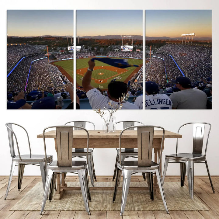 Experience the vibrant moment captured in the Dodger Stadium Sunset Game Triple Canvas Wall Art. This stunning three-panel piece showcases a breathtaking scene from a Los Angeles Dodgers MLB game during sunset, complete with cheering fans in the background.