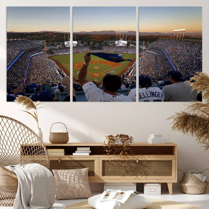 Experience the vibrant moment captured in the Dodger Stadium Sunset Game Triple Canvas Wall Art. This stunning three-panel piece showcases a breathtaking scene from a Los Angeles Dodgers MLB game during sunset, complete with cheering fans in the background.