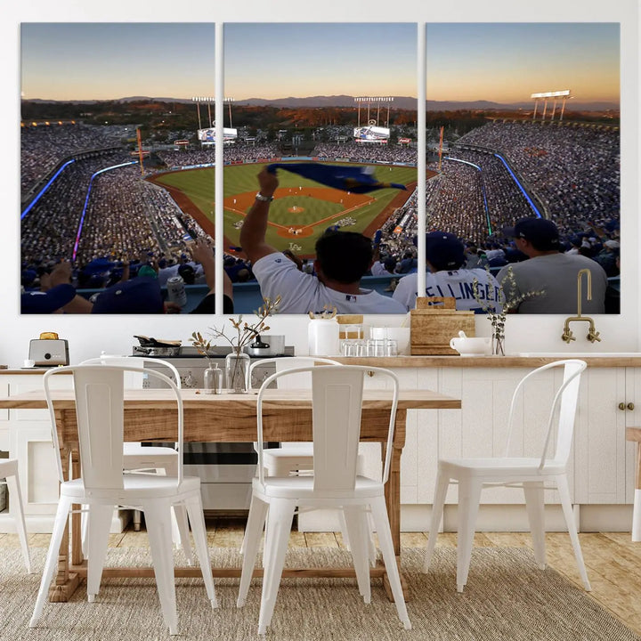 Experience the vibrant moment captured in the Dodger Stadium Sunset Game Triple Canvas Wall Art. This stunning three-panel piece showcases a breathtaking scene from a Los Angeles Dodgers MLB game during sunset, complete with cheering fans in the background.