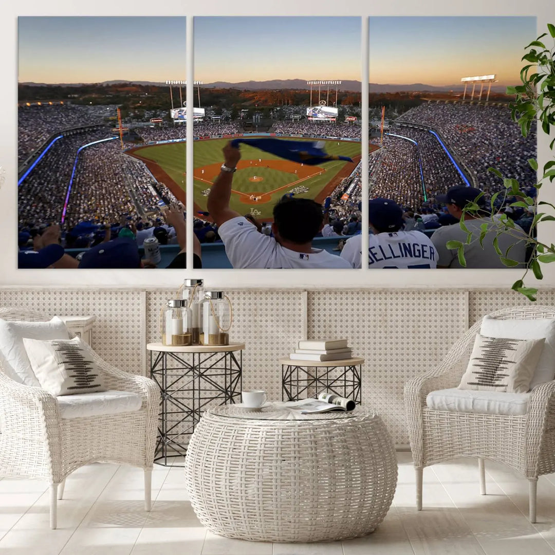 Experience the vibrant moment captured in the Dodger Stadium Sunset Game Triple Canvas Wall Art. This stunning three-panel piece showcases a breathtaking scene from a Los Angeles Dodgers MLB game during sunset, complete with cheering fans in the background.