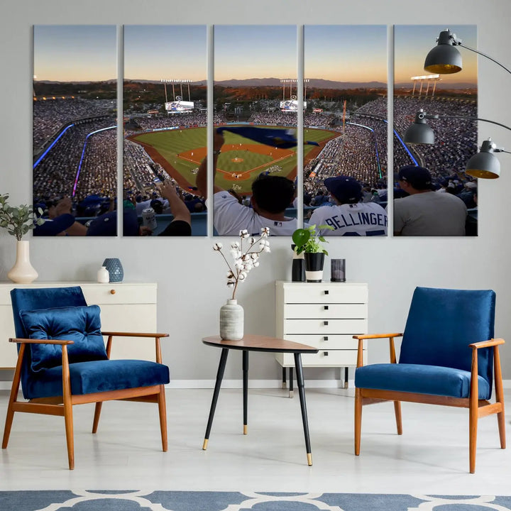 Experience the vibrant moment captured in the Dodger Stadium Sunset Game Triple Canvas Wall Art. This stunning three-panel piece showcases a breathtaking scene from a Los Angeles Dodgers MLB game during sunset, complete with cheering fans in the background.