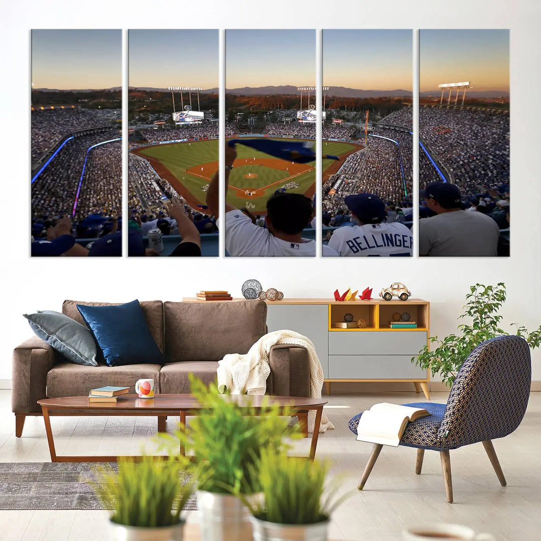 Experience the vibrant moment captured in the Dodger Stadium Sunset Game Triple Canvas Wall Art. This stunning three-panel piece showcases a breathtaking scene from a Los Angeles Dodgers MLB game during sunset, complete with cheering fans in the background.