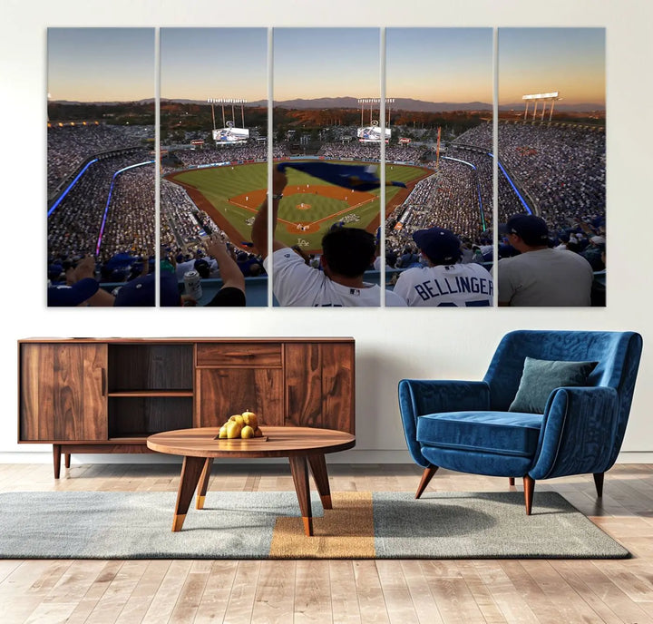 Experience the vibrant moment captured in the Dodger Stadium Sunset Game Triple Canvas Wall Art. This stunning three-panel piece showcases a breathtaking scene from a Los Angeles Dodgers MLB game during sunset, complete with cheering fans in the background.