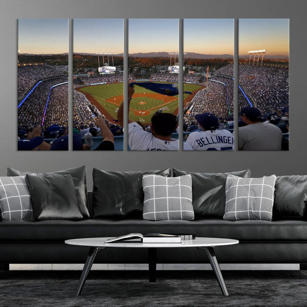 Experience the vibrant moment captured in the Dodger Stadium Sunset Game Triple Canvas Wall Art. This stunning three-panel piece showcases a breathtaking scene from a Los Angeles Dodgers MLB game during sunset, complete with cheering fans in the background.