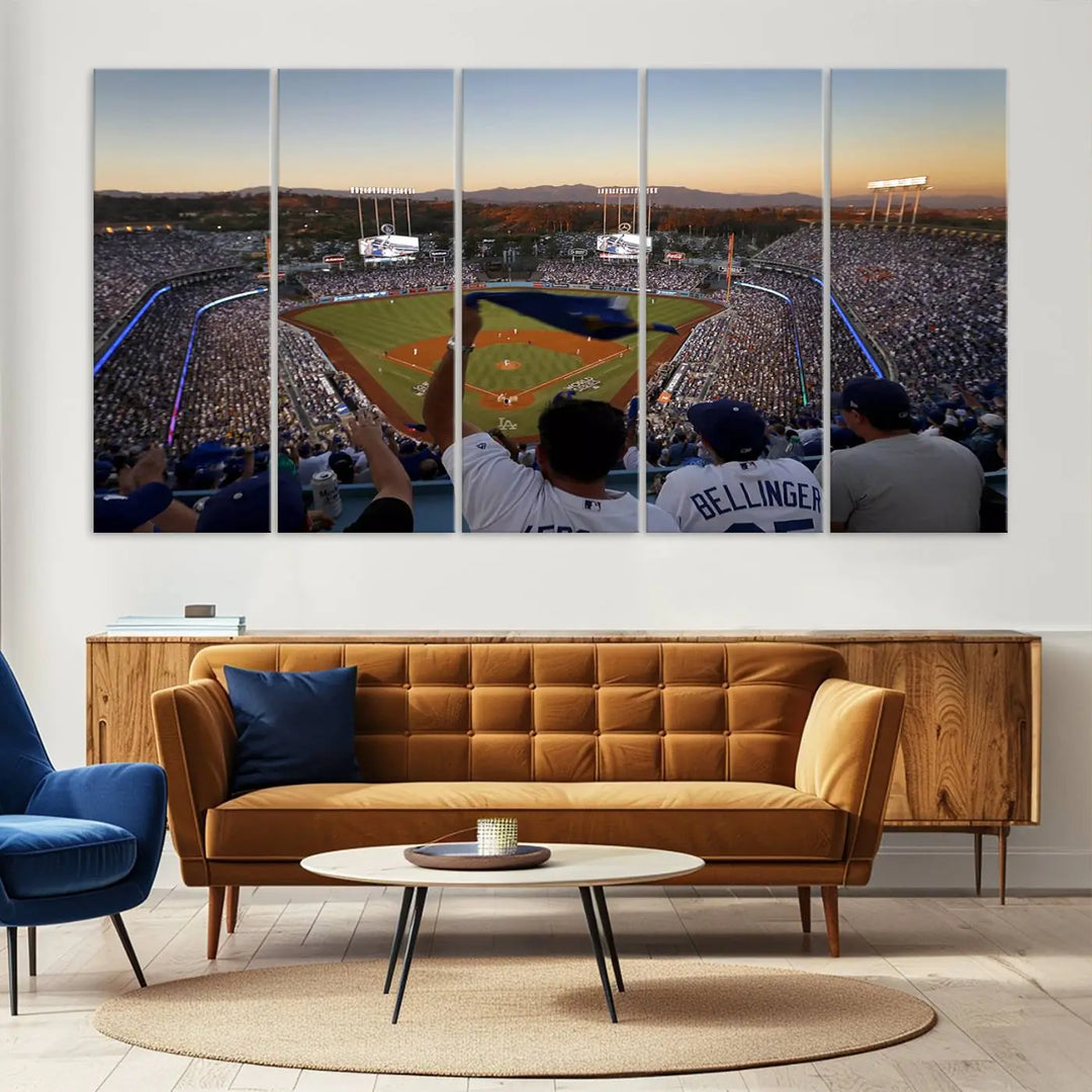 Experience the vibrant moment captured in the Dodger Stadium Sunset Game Triple Canvas Wall Art. This stunning three-panel piece showcases a breathtaking scene from a Los Angeles Dodgers MLB game during sunset, complete with cheering fans in the background.