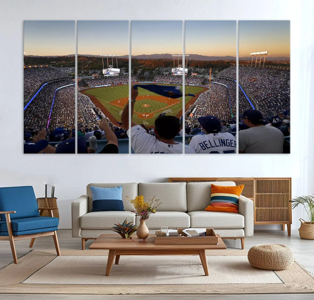 Experience the vibrant moment captured in the Dodger Stadium Sunset Game Triple Canvas Wall Art. This stunning three-panel piece showcases a breathtaking scene from a Los Angeles Dodgers MLB game during sunset, complete with cheering fans in the background.