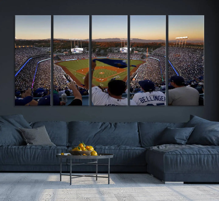 Experience the vibrant moment captured in the Dodger Stadium Sunset Game Triple Canvas Wall Art. This stunning three-panel piece showcases a breathtaking scene from a Los Angeles Dodgers MLB game during sunset, complete with cheering fans in the background.