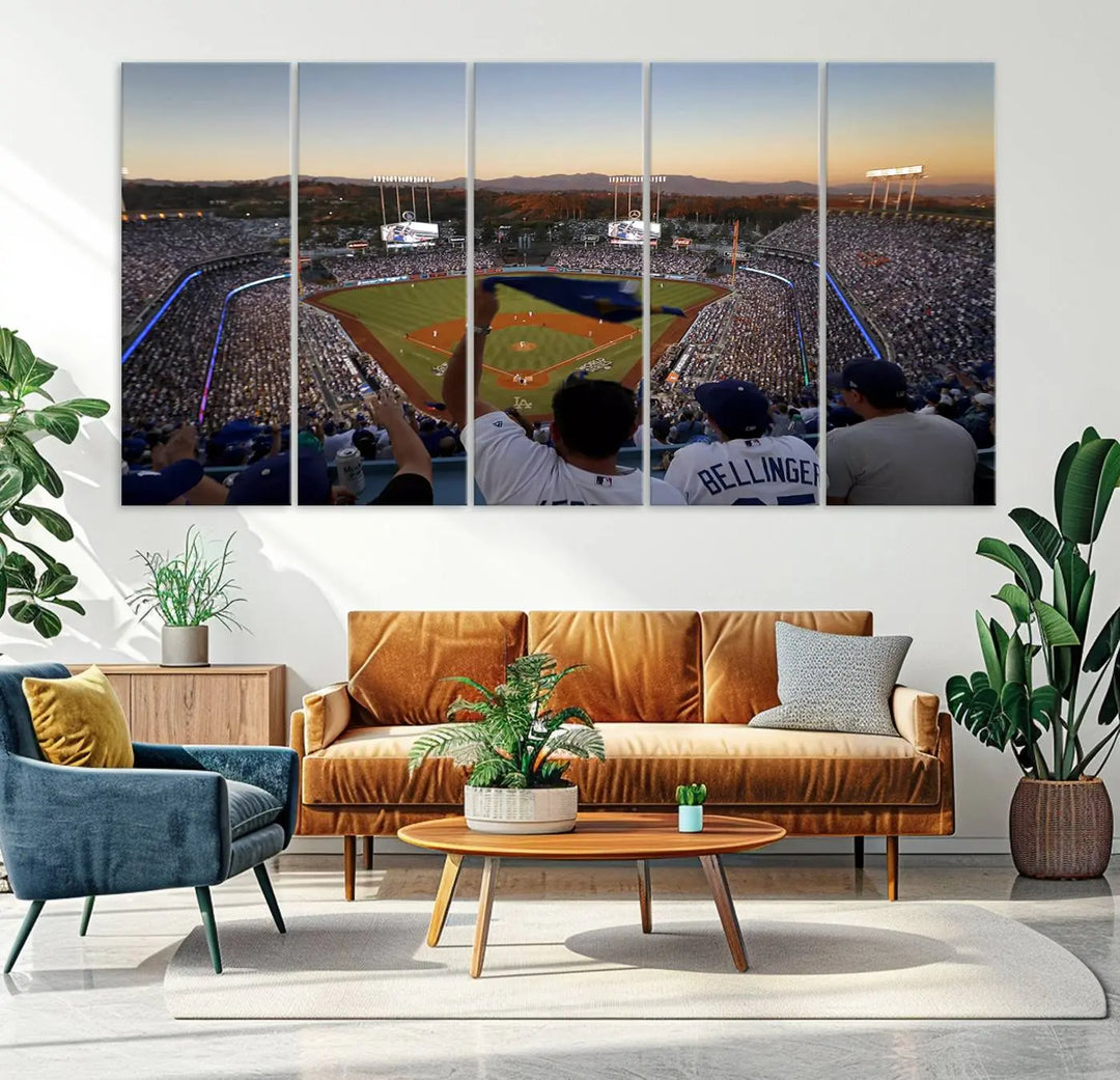 Experience the vibrant moment captured in the Dodger Stadium Sunset Game Triple Canvas Wall Art. This stunning three-panel piece showcases a breathtaking scene from a Los Angeles Dodgers MLB game during sunset, complete with cheering fans in the background.