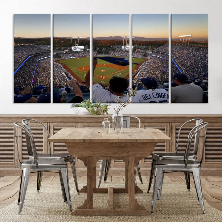 Experience the vibrant moment captured in the Dodger Stadium Sunset Game Triple Canvas Wall Art. This stunning three-panel piece showcases a breathtaking scene from a Los Angeles Dodgers MLB game during sunset, complete with cheering fans in the background.