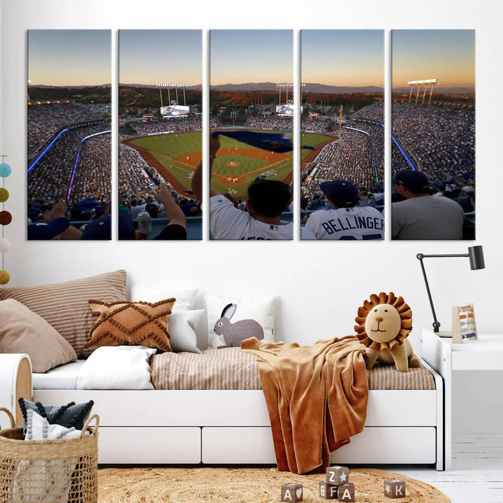 Experience the vibrant moment captured in the Dodger Stadium Sunset Game Triple Canvas Wall Art. This stunning three-panel piece showcases a breathtaking scene from a Los Angeles Dodgers MLB game during sunset, complete with cheering fans in the background.