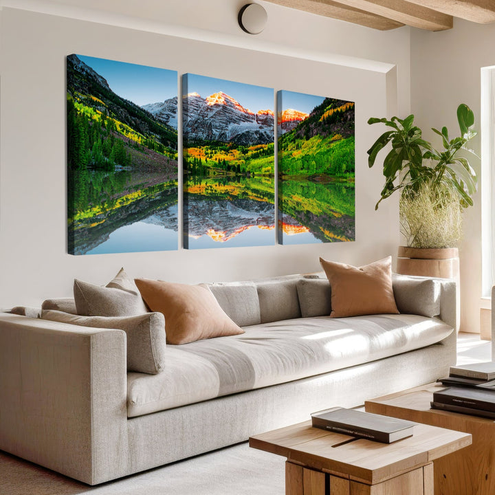 The Sunrise Maroon Bells Lake Wall Art Print beautifully captures North Maroon Peak mirrored in the tranquil lake, framed by lush greenery.