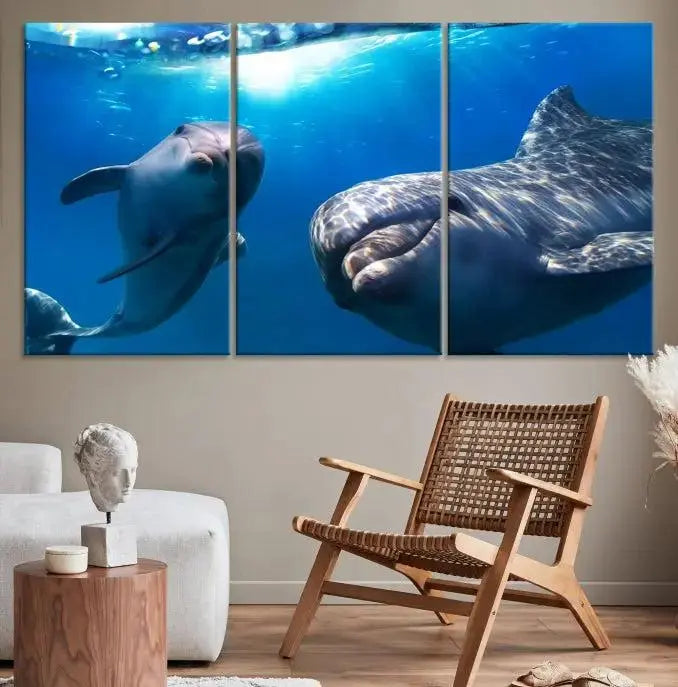 The Dolphin and Ocean Life Wall Art Canvas Print, a museum-quality piece depicting dolphins swimming, is a stunning artwork offered with free shipping.