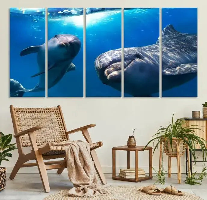 The Dolphin and Ocean Life Wall Art Canvas Print, a museum-quality piece depicting dolphins swimming, is a stunning artwork offered with free shipping.