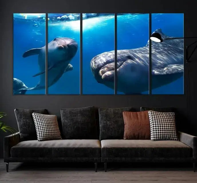 The Dolphin and Ocean Life Wall Art Canvas Print, a museum-quality piece depicting dolphins swimming, is a stunning artwork offered with free shipping.