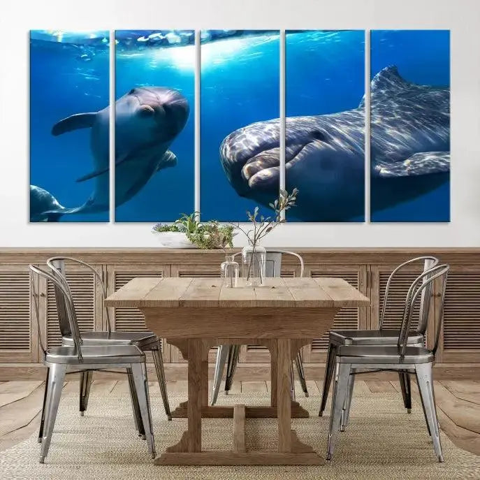 The Dolphin and Ocean Life Wall Art Canvas Print, a museum-quality piece depicting dolphins swimming, is a stunning artwork offered with free shipping.