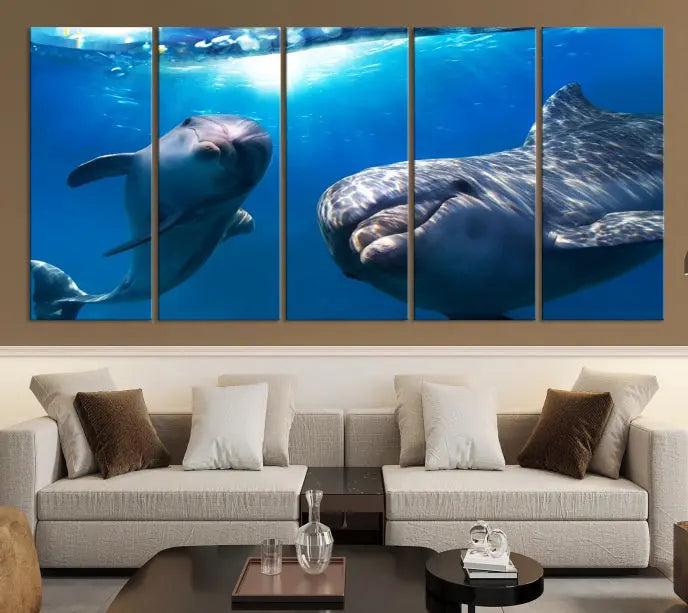 The Dolphin and Ocean Life Wall Art Canvas Print, a museum-quality piece depicting dolphins swimming, is a stunning artwork offered with free shipping.