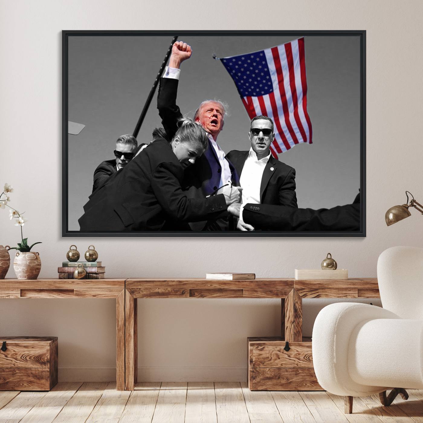 43074-MGV-FC-36X24_Black-Donald Trump Assassination Attempt Wall Art Print, Trump Historic Footage - Iconic Reaction by Trump - A Unique Gift for Supporter