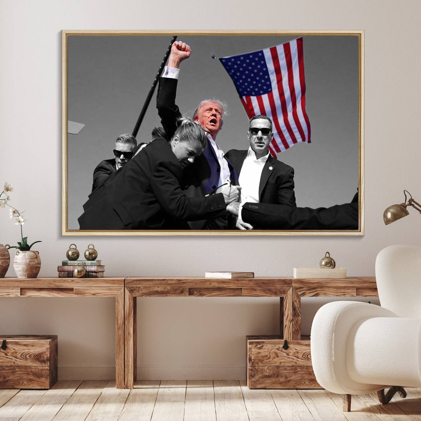 43074-MGV-FC-36X24_Natural-Donald Trump Assassination Attempt Wall Art Print, Trump Historic Footage - Iconic Reaction by Trump - A Unique Gift for Supporter