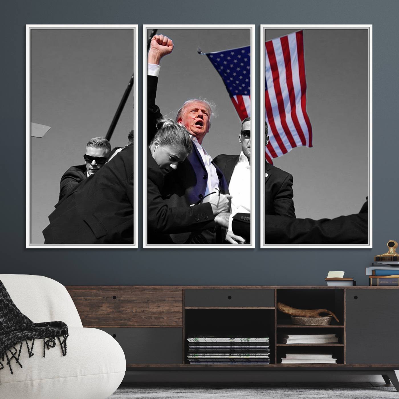 43074-MGV-FC-48X32-3P_White-Donald Trump Assassination Attempt Wall Art Print, Trump Historic Footage - Iconic Reaction by Trump - A Unique Gift for Supporter
