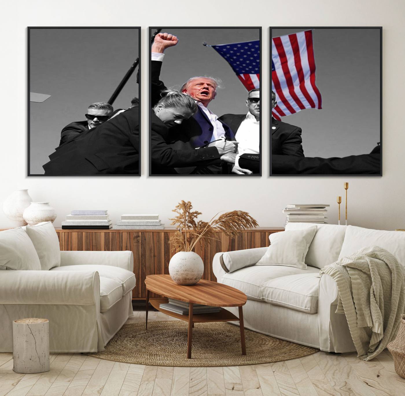 43074-MGV-FC-60X30-3P_Black-Donald Trump Assassination Attempt Wall Art Print, Trump Historic Footage - Iconic Reaction by Trump - A Unique Gift for Supporter