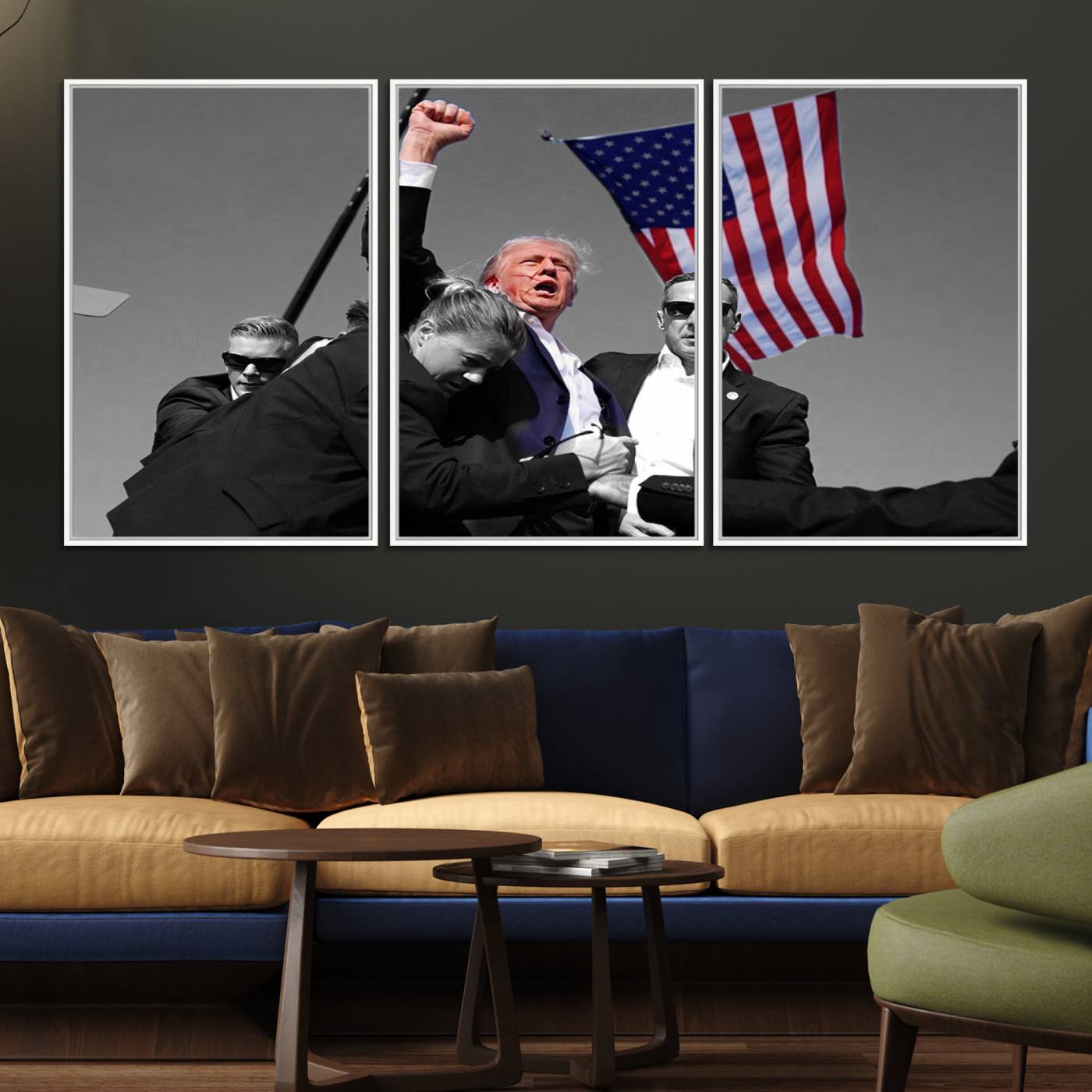 43074-MGV-FC-60X30-3P_White-Donald Trump Assassination Attempt Wall Art Print, Trump Historic Footage - Iconic Reaction by Trump - A Unique Gift for Supporter