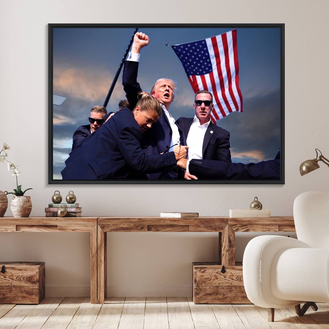 93389-MGV-FC-36X24_Black-Donald Trump Assassination Attempt Wall Art Print, Trump Historic Footage - Iconic Reaction by Trump - A Unique Gift for Supporter