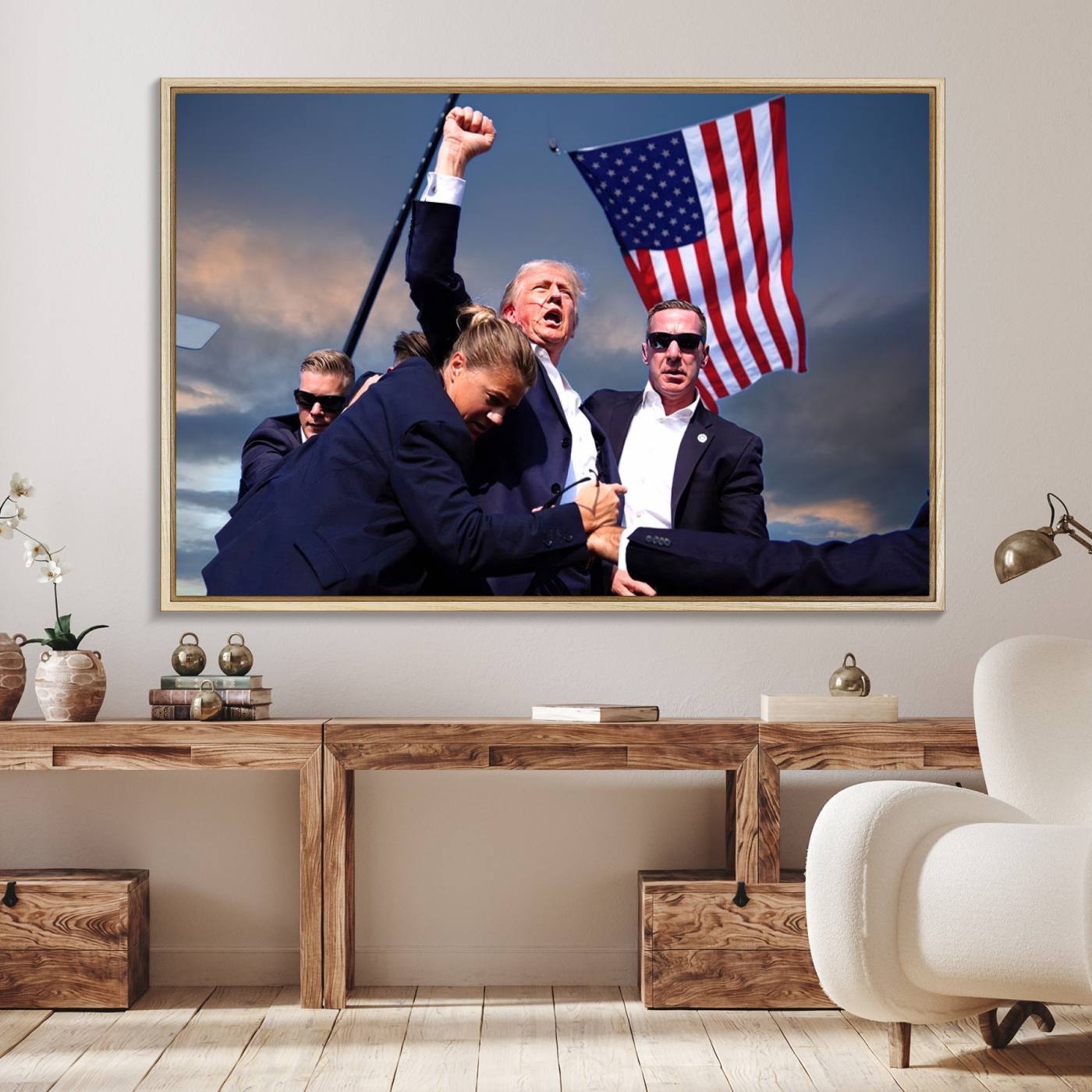 93389-MGV-FC-36X24_Natural-Donald Trump Assassination Attempt Wall Art Print, Trump Historic Footage - Iconic Reaction by Trump - A Unique Gift for Supporter