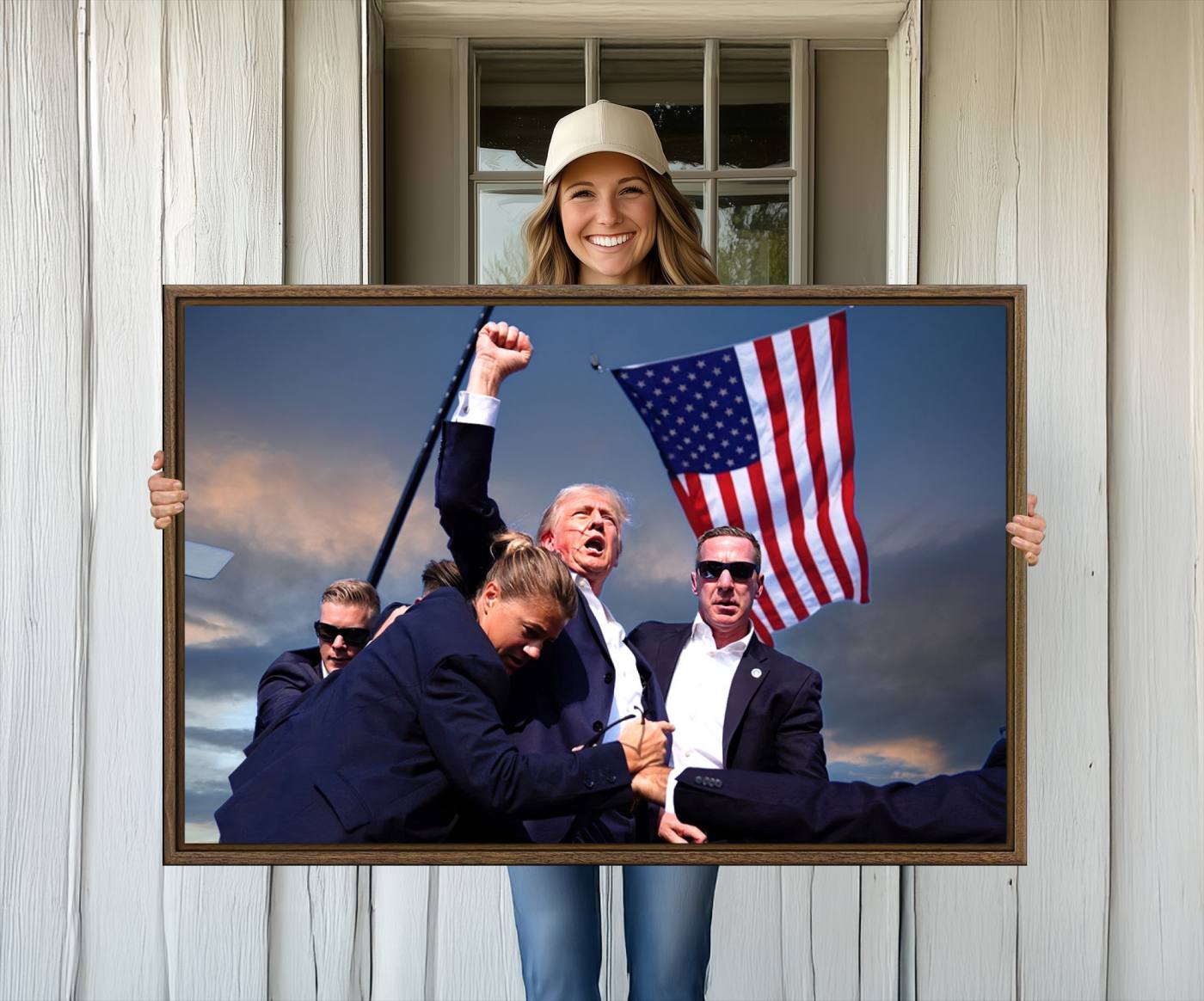 93389-MGV-FC-36X24_Walnut-Donald Trump Assassination Attempt Wall Art Print, Trump Historic Footage - Iconic Reaction by Trump - A Unique Gift for Supporter