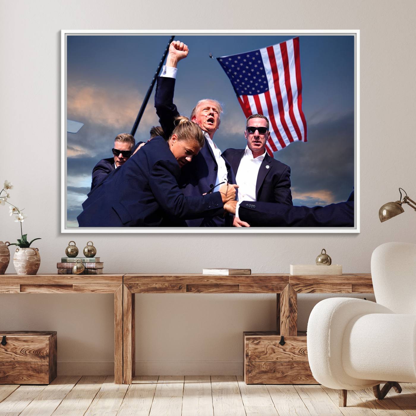 93389-MGV-FC-36X24_White-Donald Trump Assassination Attempt Wall Art Print, Trump Historic Footage - Iconic Reaction by Trump - A Unique Gift for Supporter