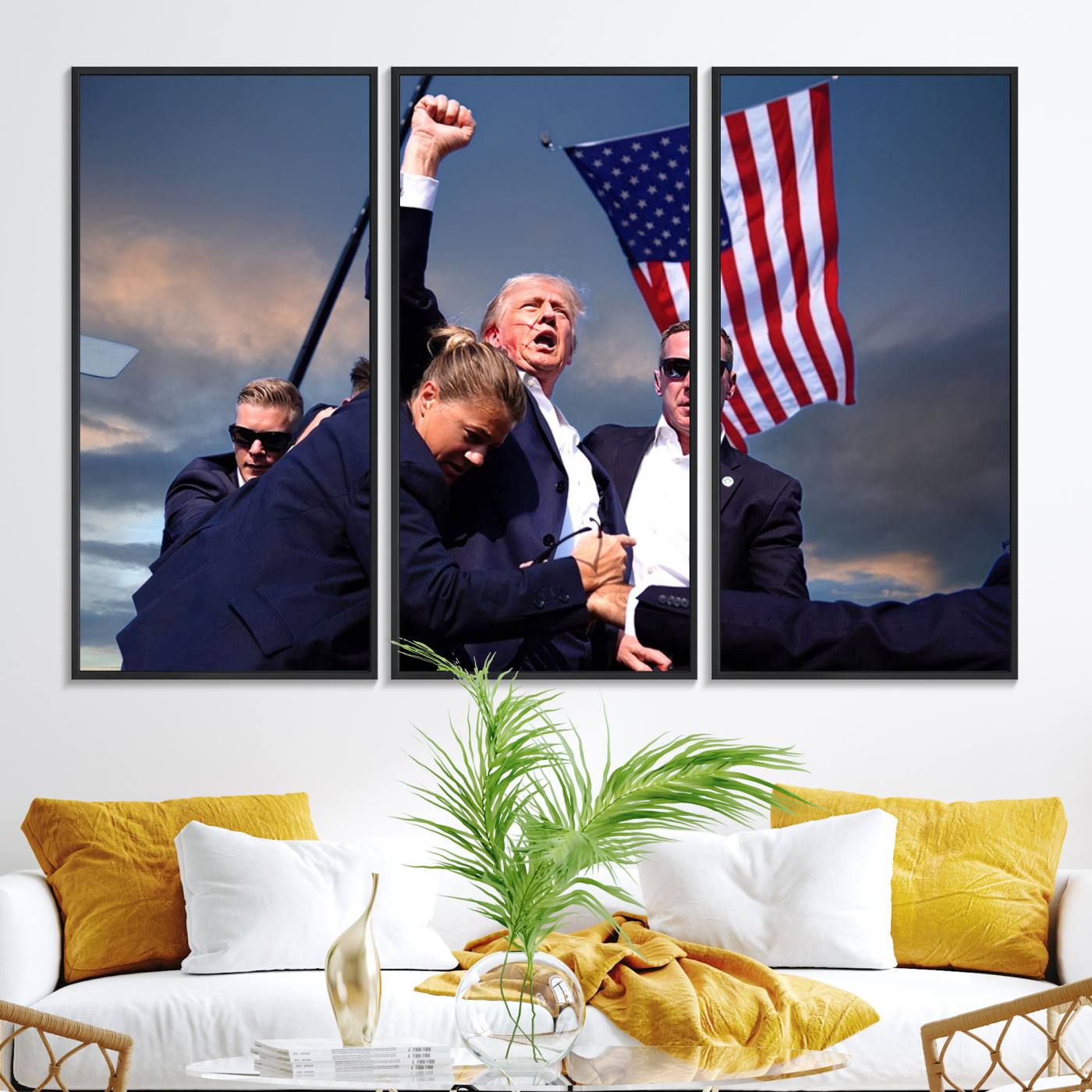 93389-MGV-FC-48X32-3P_Black-Donald Trump Assassination Attempt Wall Art Print, Trump Historic Footage - Iconic Reaction by Trump - A Unique Gift for Supporter