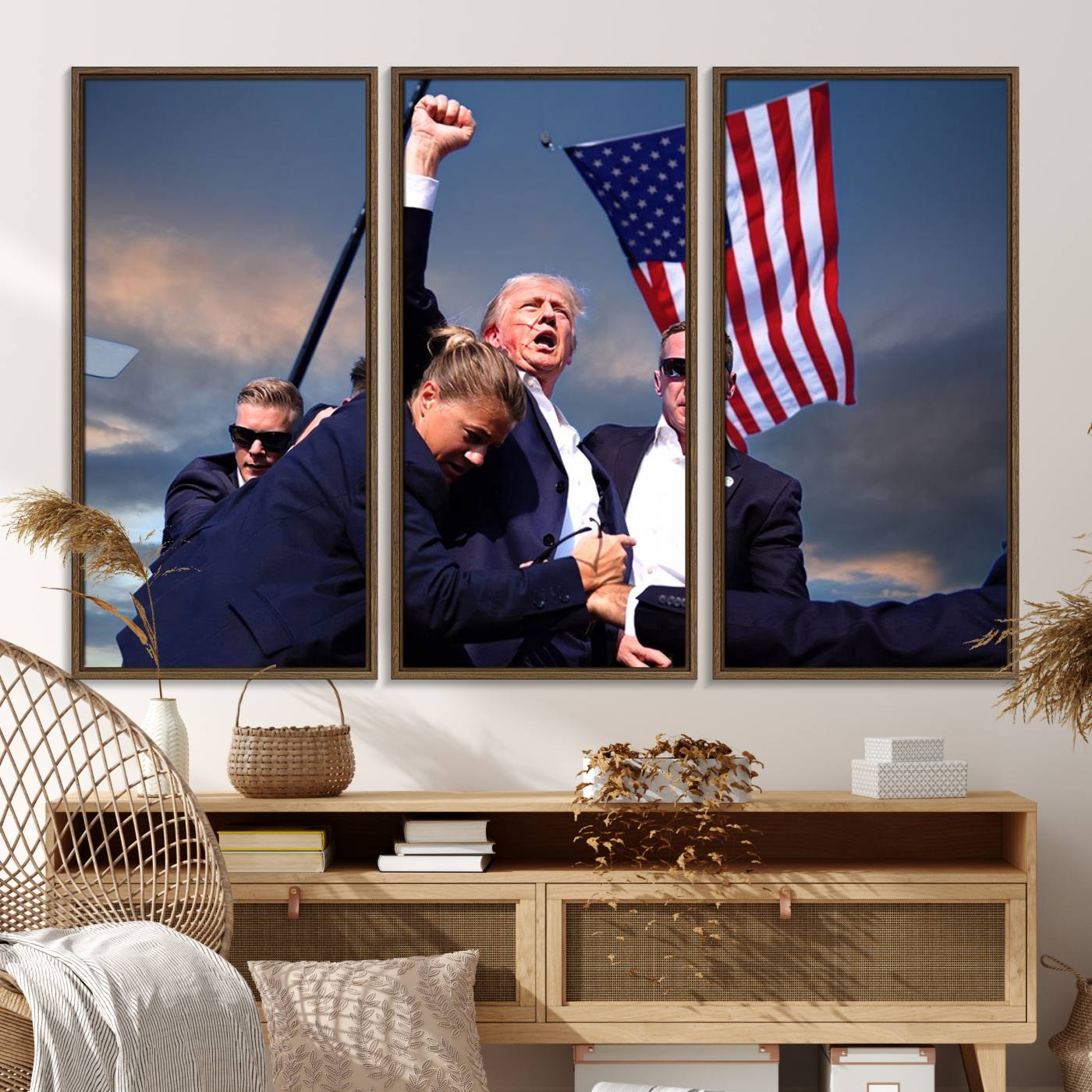 93389-MGV-FC-48X32-3P_Walnut-Donald Trump Assassination Attempt Wall Art Print, Trump Historic Footage - Iconic Reaction by Trump - A Unique Gift for Supporter