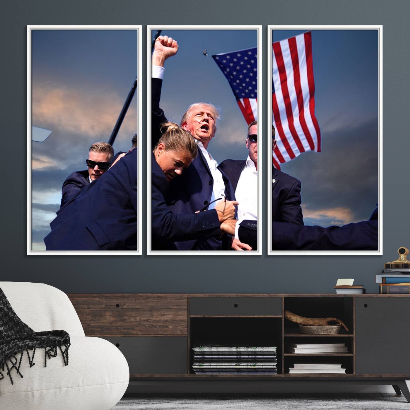 93389-MGV-FC-48X32-3P_White-Donald Trump Assassination Attempt Wall Art Print, Trump Historic Footage - Iconic Reaction by Trump - A Unique Gift for Supporter