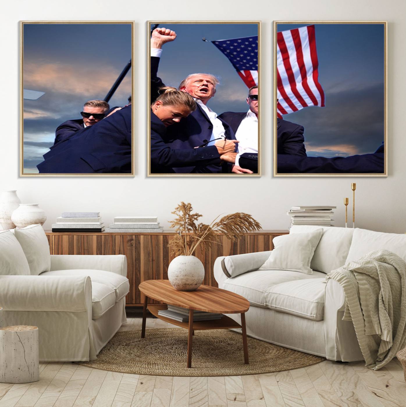 93389-MGV-FC-60X30-3P_Natural-Donald Trump Assassination Attempt Wall Art Print, Trump Historic Footage - Iconic Reaction by Trump - A Unique Gift for Supporter