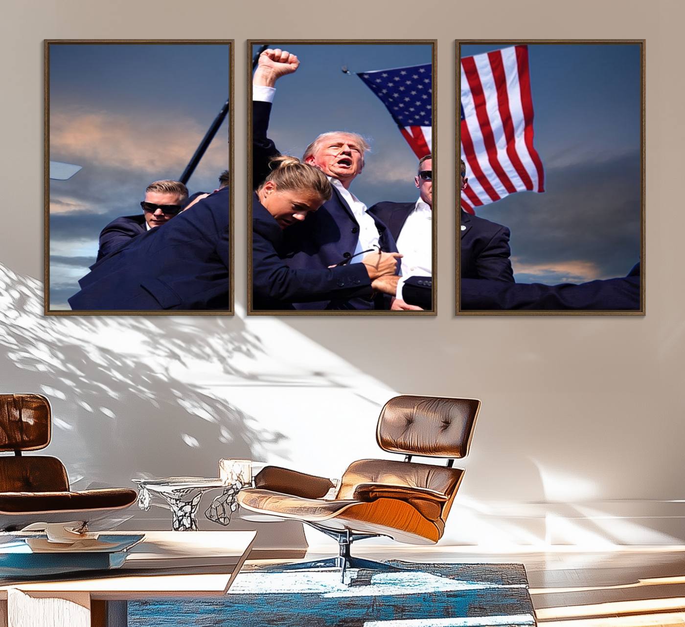 93389-MGV-FC-60X30-3P_Walnut-Donald Trump Assassination Attempt Wall Art Print, Trump Historic Footage - Iconic Reaction by Trump - A Unique Gift for Supporter