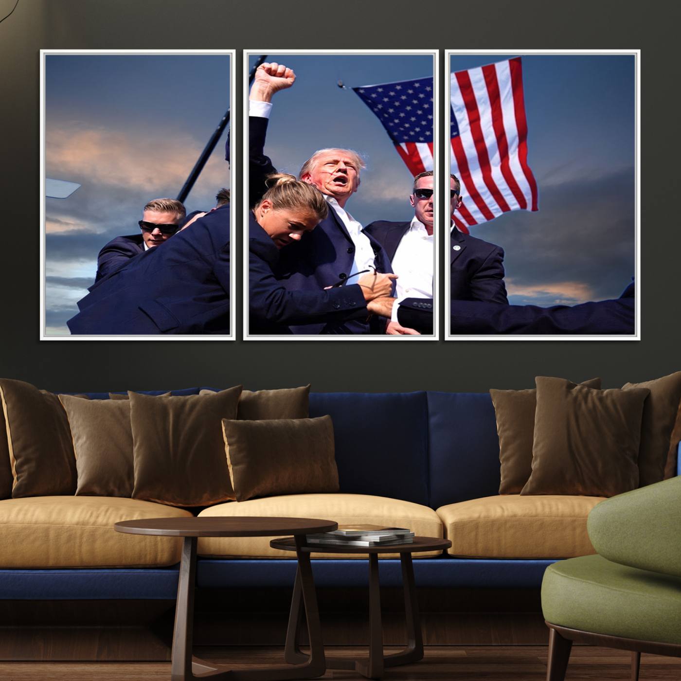 93389-MGV-FC-60X30-3P_White-Donald Trump Assassination Attempt Wall Art Print, Trump Historic Footage - Iconic Reaction by Trump - A Unique Gift for Supporter