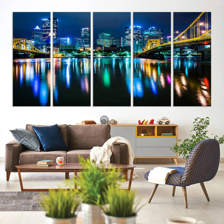 The "Downtown Pittsburgh at Night Canvas Wall Art" is a stunning museum-quality print that showcases the Pittsburgh skyline, reflecting over water and adorned with bright city lights.