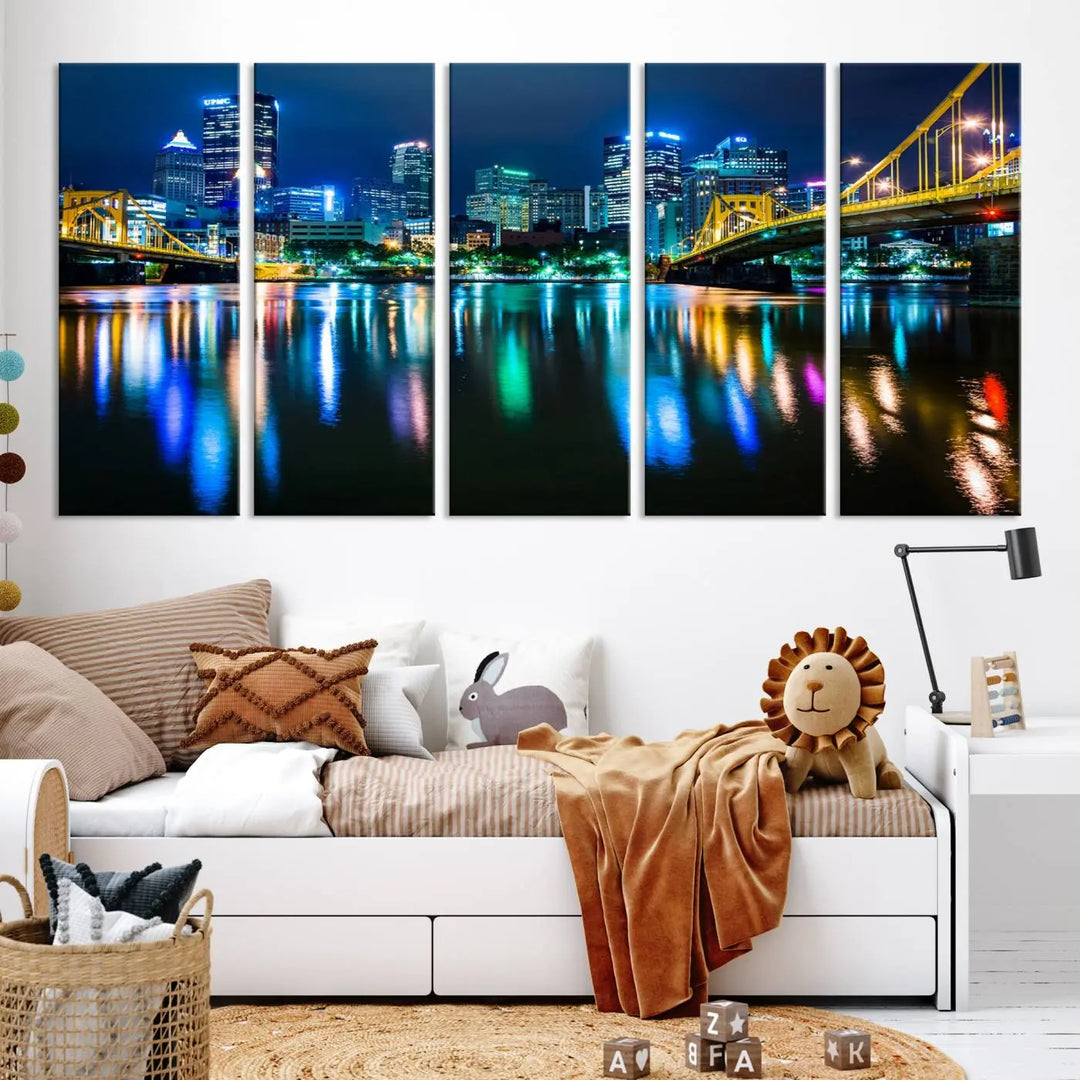 The "Downtown Pittsburgh at Night Canvas Wall Art" is a stunning museum-quality print that showcases the Pittsburgh skyline, reflecting over water and adorned with bright city lights.