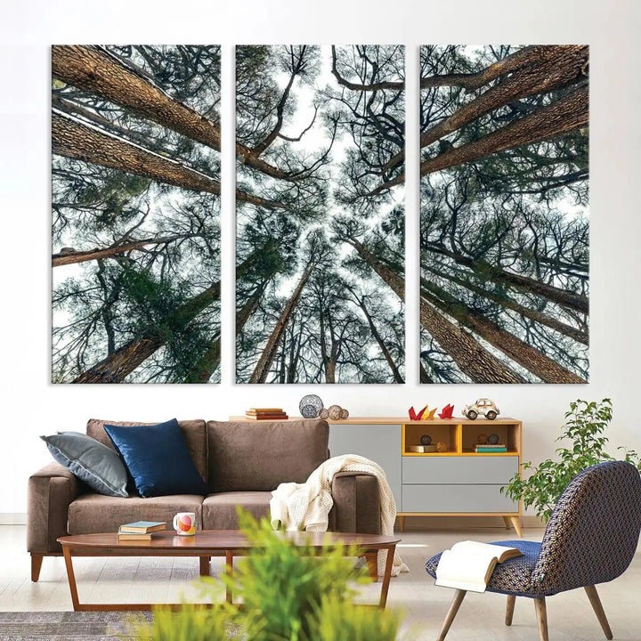 The "Dry Tree Branches Extending to the Sky" canvas print adorns the wall.