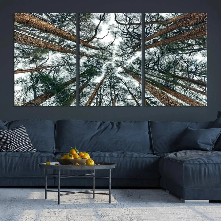 The "Dry Tree Branches Extending to the Sky" canvas print adorns the wall.