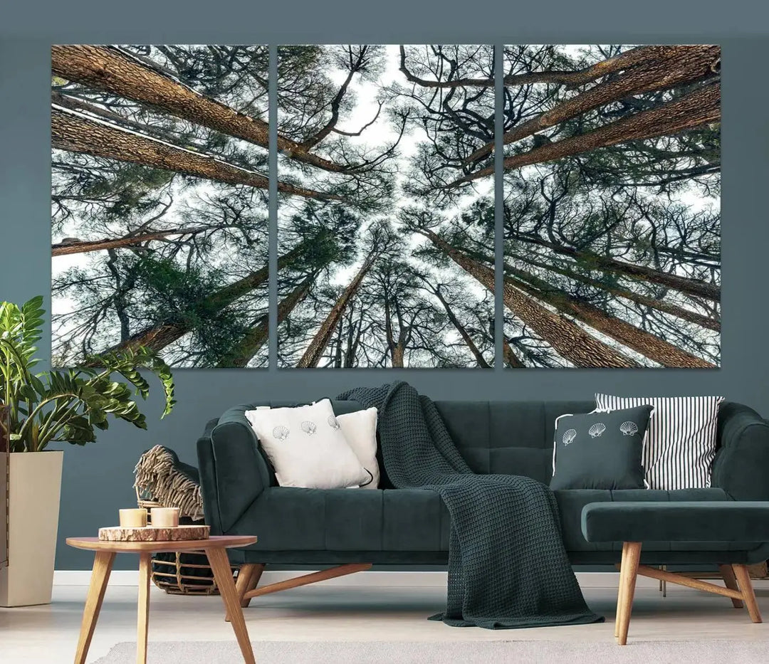 The "Dry Tree Branches Extending to the Sky" canvas print adorns the wall.