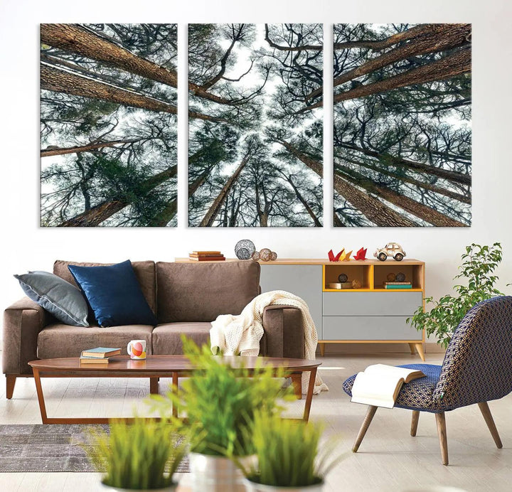 The "Dry Tree Branches Extending to the Sky" canvas print adorns the wall.