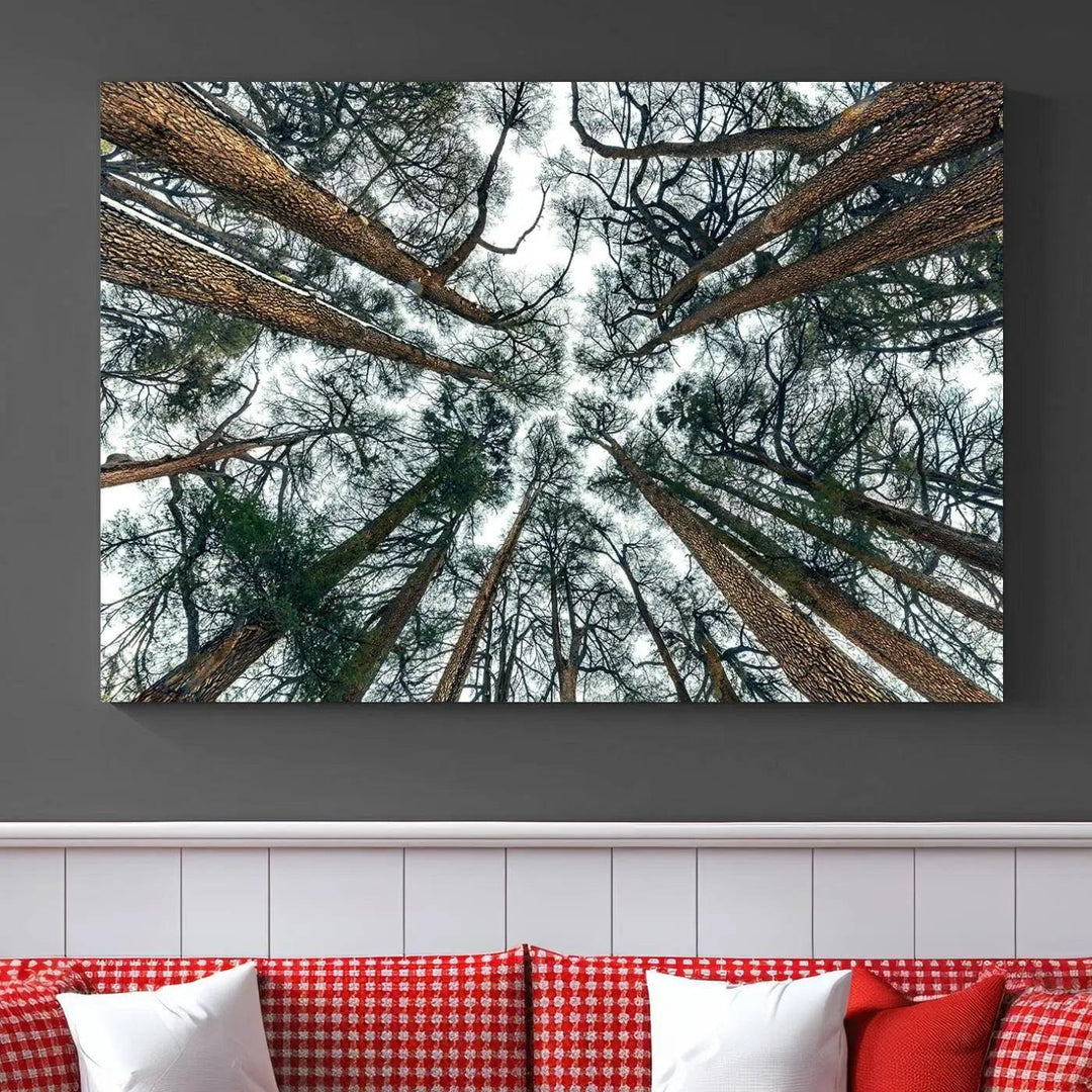 The "Dry Tree Branches Extending to the Sky" canvas print adorns the wall.