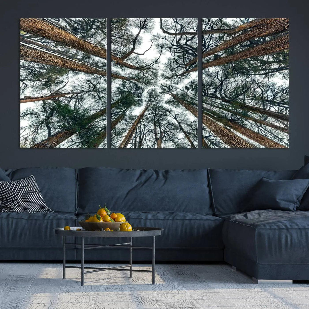 The "Dry Tree Branches Extending to the Sky" canvas print adorns the wall.