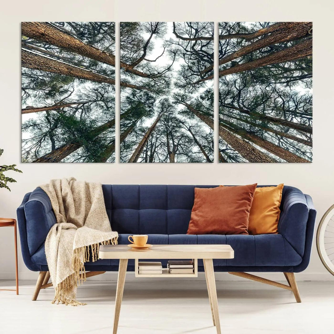 The "Dry Tree Branches Extending to the Sky" canvas print adorns the wall.