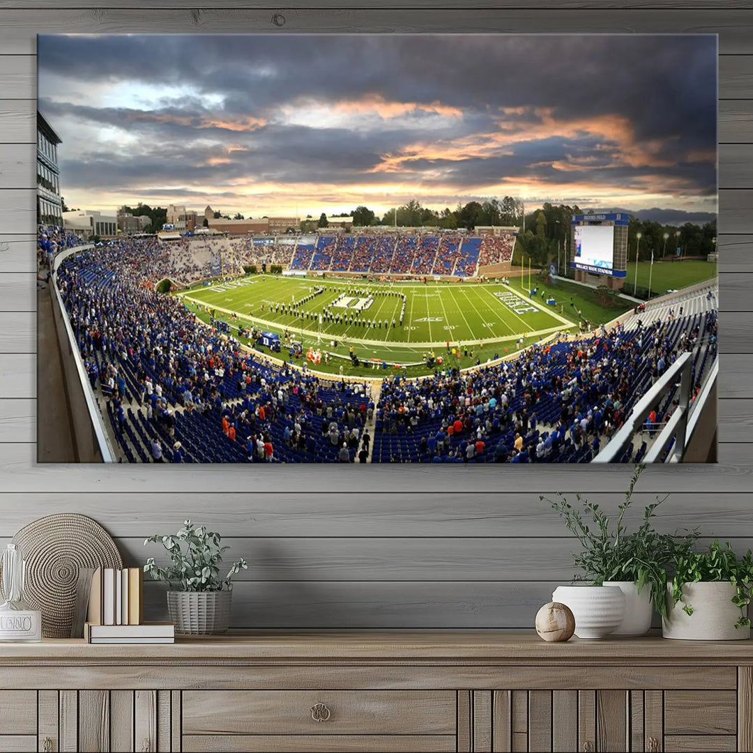 The wall art is a Duke University Blue Devils Football Team print featuring Durham's Wallace Wade Stadium, beautifully crafted on canvas with a gallery-quality finish.