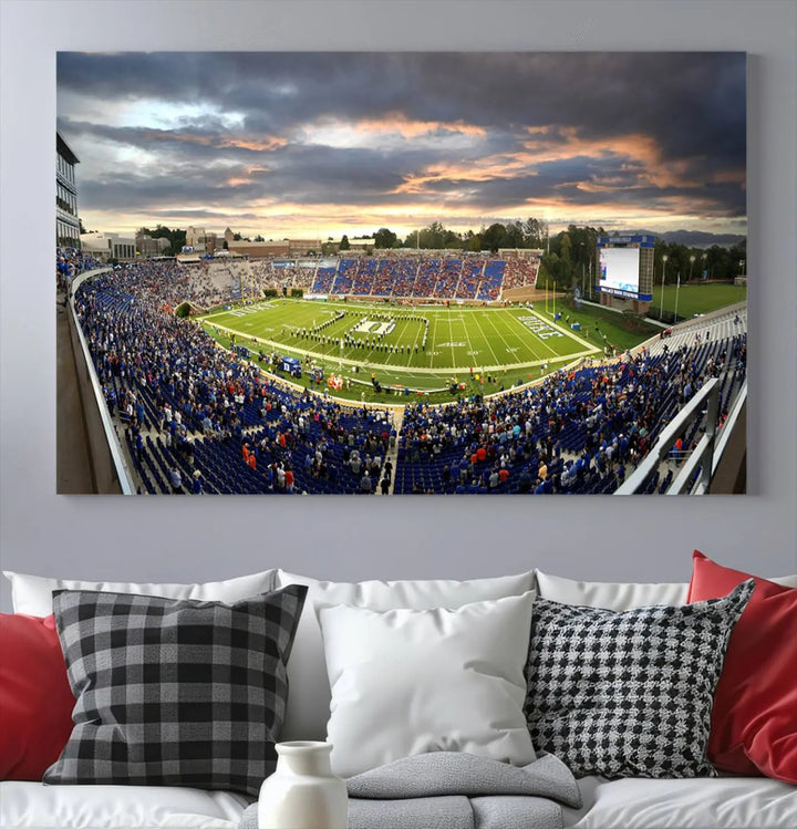 The wall art is a Duke University Blue Devils Football Team print featuring Durham's Wallace Wade Stadium, beautifully crafted on canvas with a gallery-quality finish.