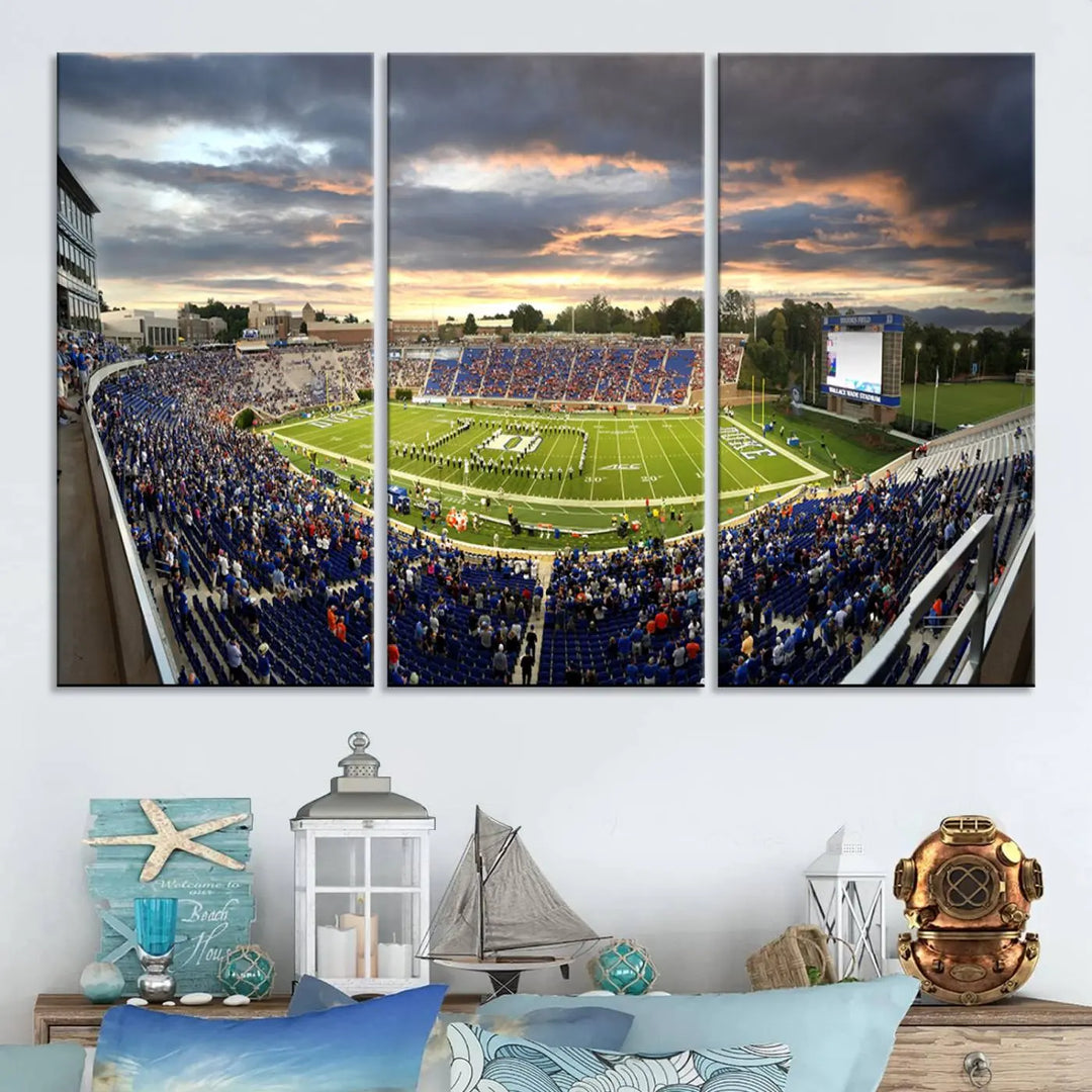 The wall art is a Duke University Blue Devils Football Team print featuring Durham's Wallace Wade Stadium, beautifully crafted on canvas with a gallery-quality finish.